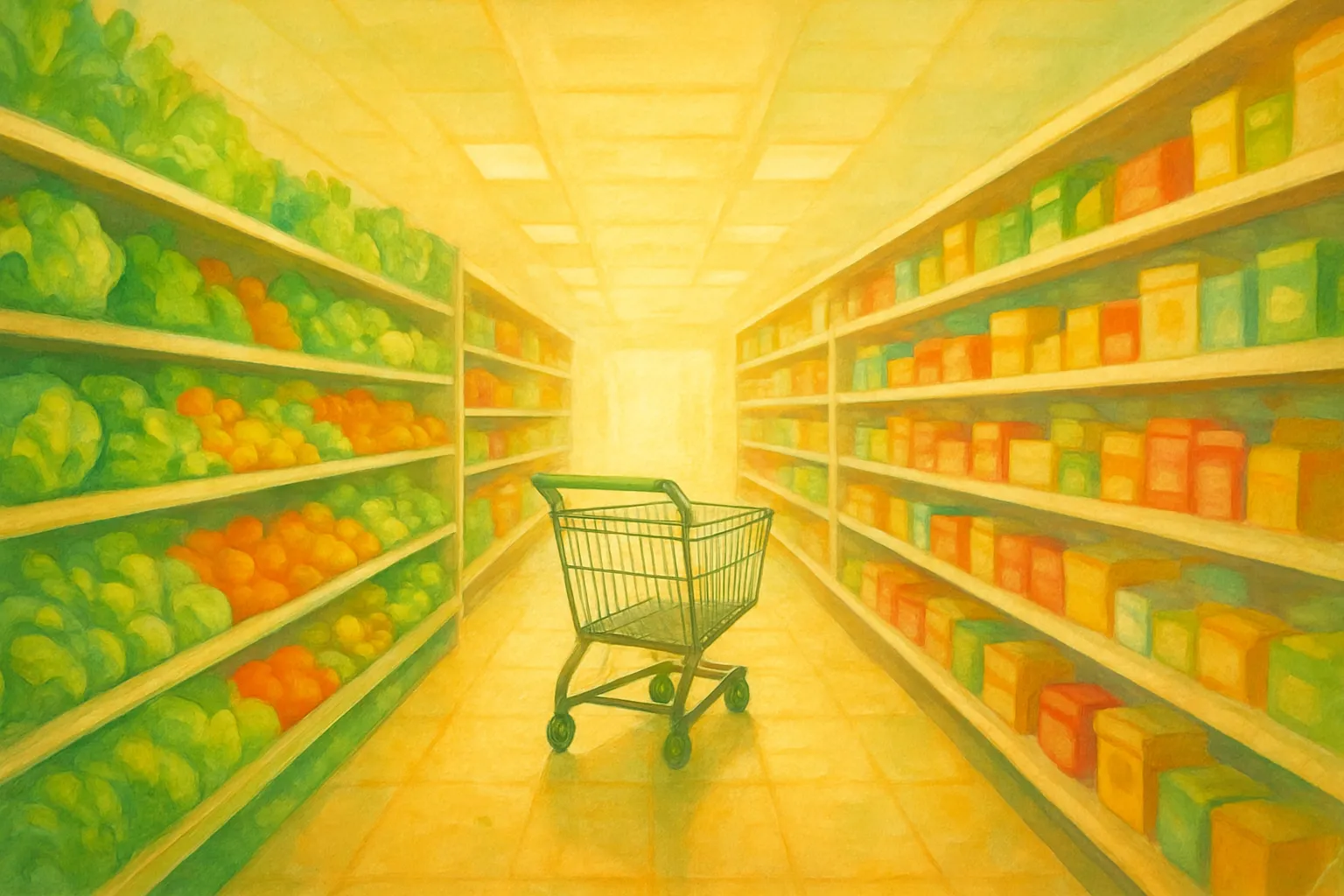 A warm, sunlit grocery-store aisle with a single shopping cart mid-aisle between shelves of produce and colorful packaged goods, the perspective receding to a bright vanishing point.