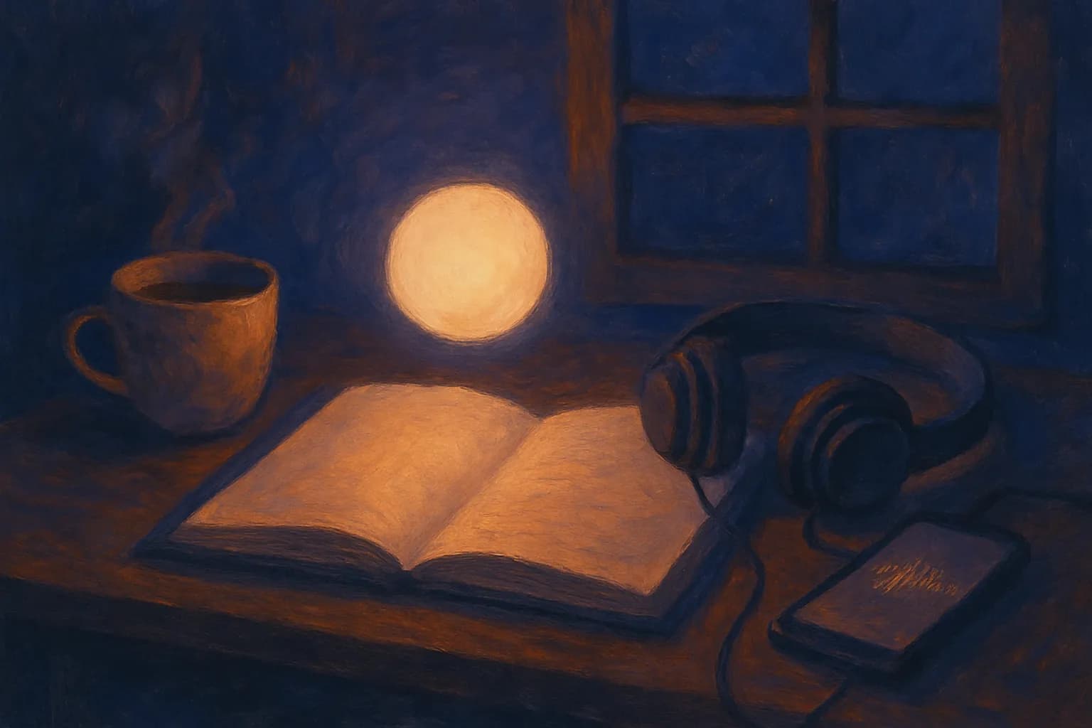 A glowing warm orb of light hovering above an open notebook on a night desk, beside a cup of tea, a pair of headphones, and a phone showing a soft soundwave.