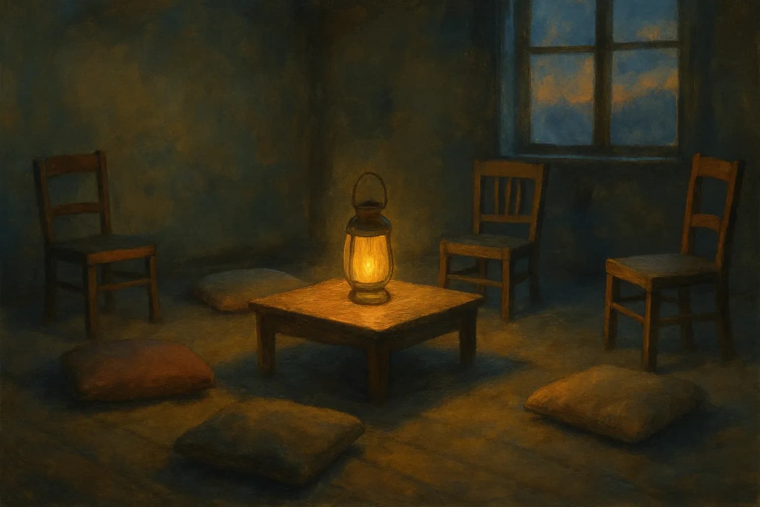 A glowing lantern on a low wooden table at the center of a circle of empty wooden chairs and floor cushions, in a dim room at dusk with a window of fading light.