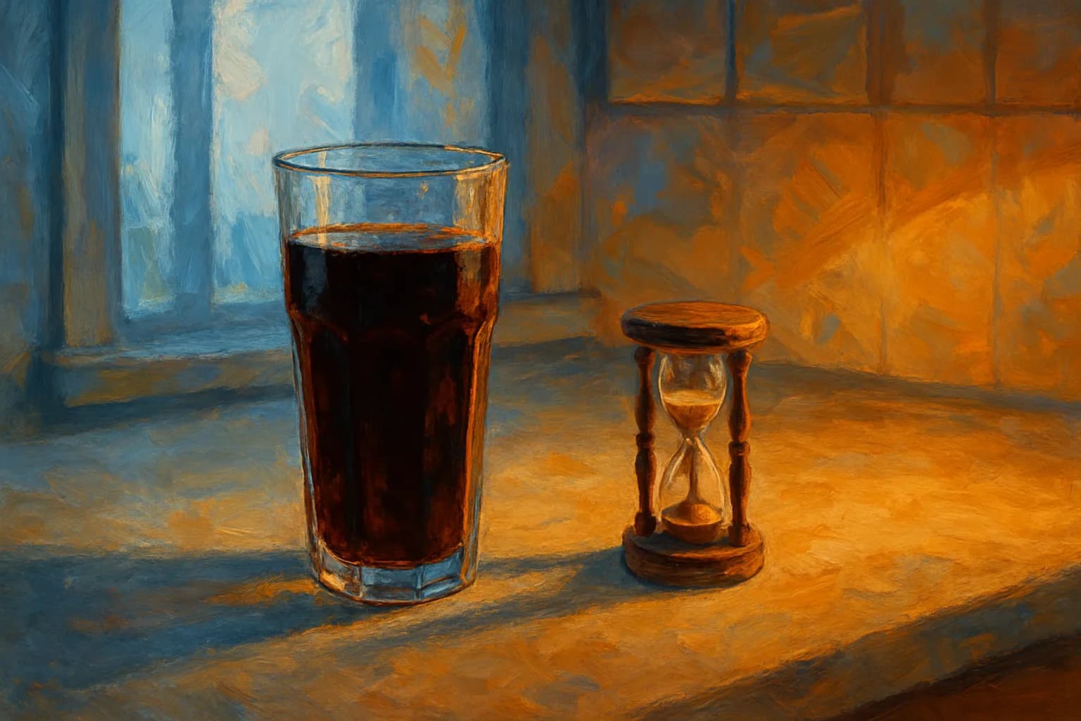 A tall glass of dark soda in cool morning-blue light on the left and a small wooden hourglass in warm evening-amber on the right, on a counter by a window — the light sliding from morning to evening across the scene.