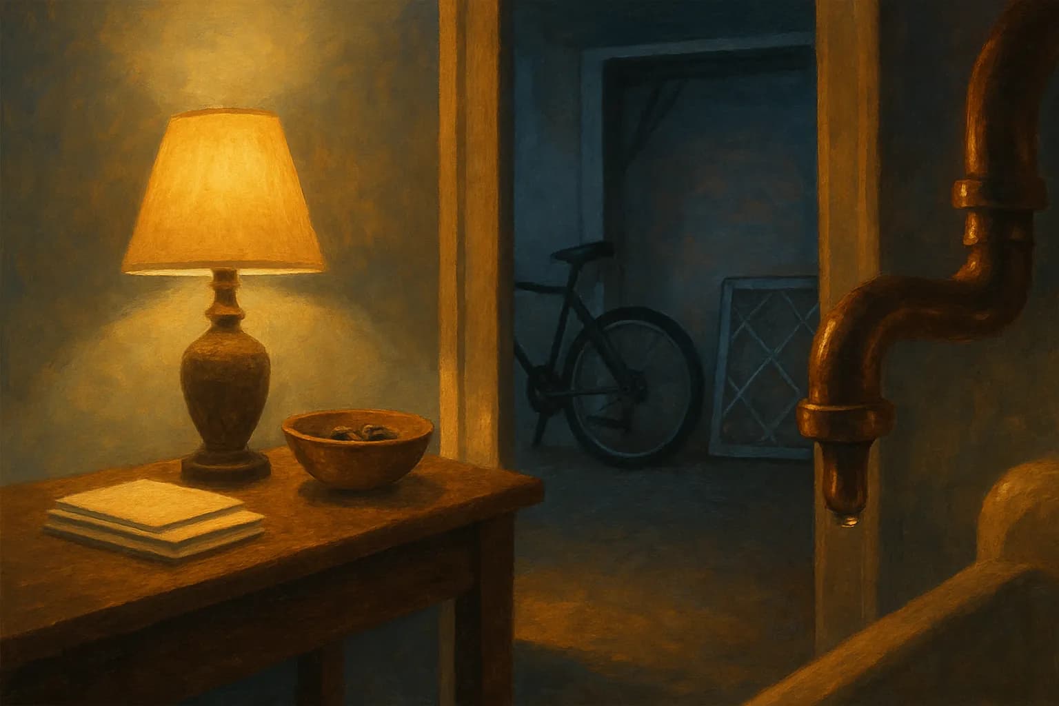 A lamplit hall table at dusk holds a stack of unopened mail and a bowl of keys; through a doorway a bicycle leans in a dim room beside a furnace filter, and a copper pipe carries a single hanging drop of water.