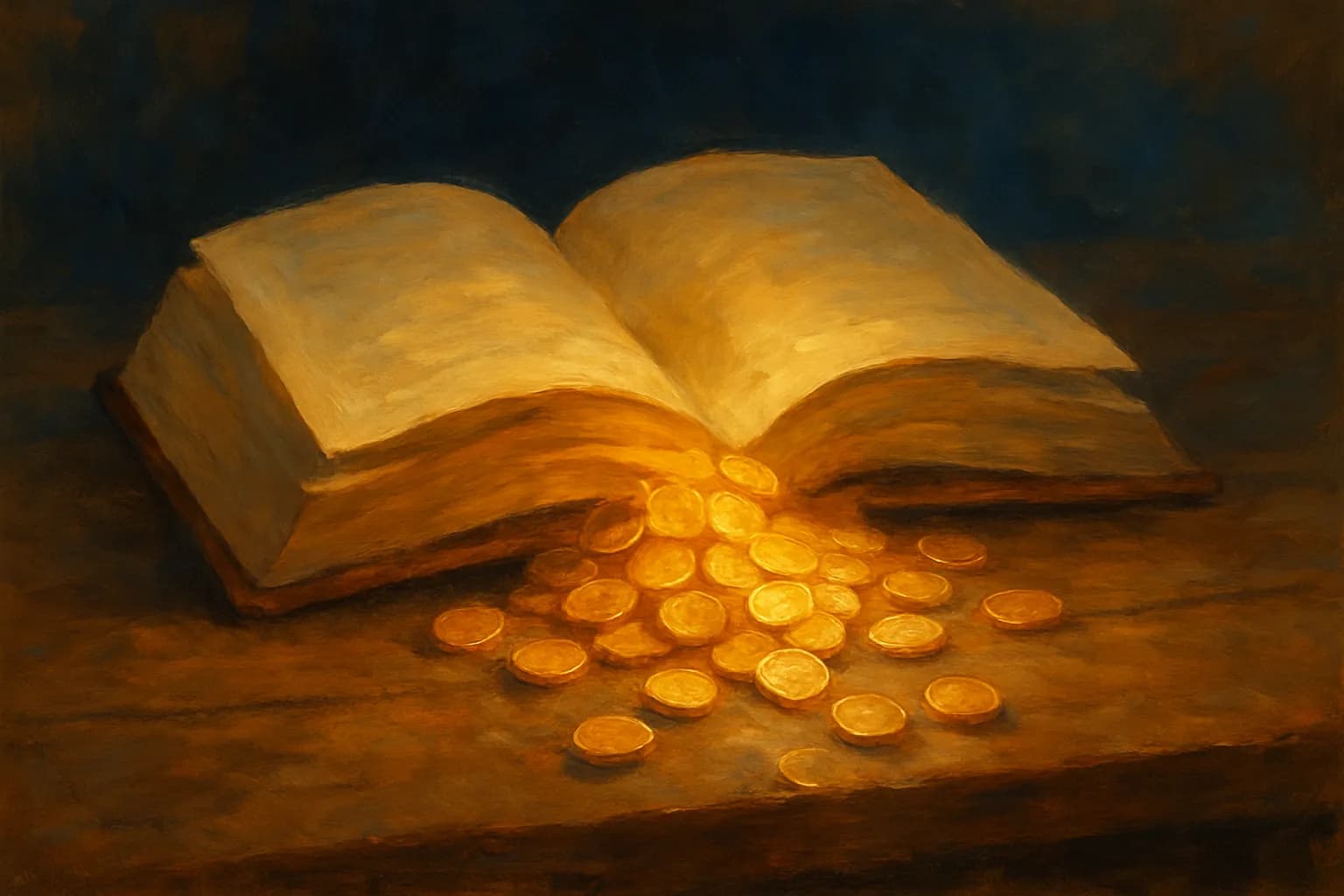 An open book on a wooden table with a cascade of glowing gold coins spilling from between its pages and pooling on the table, against a deep blue background.