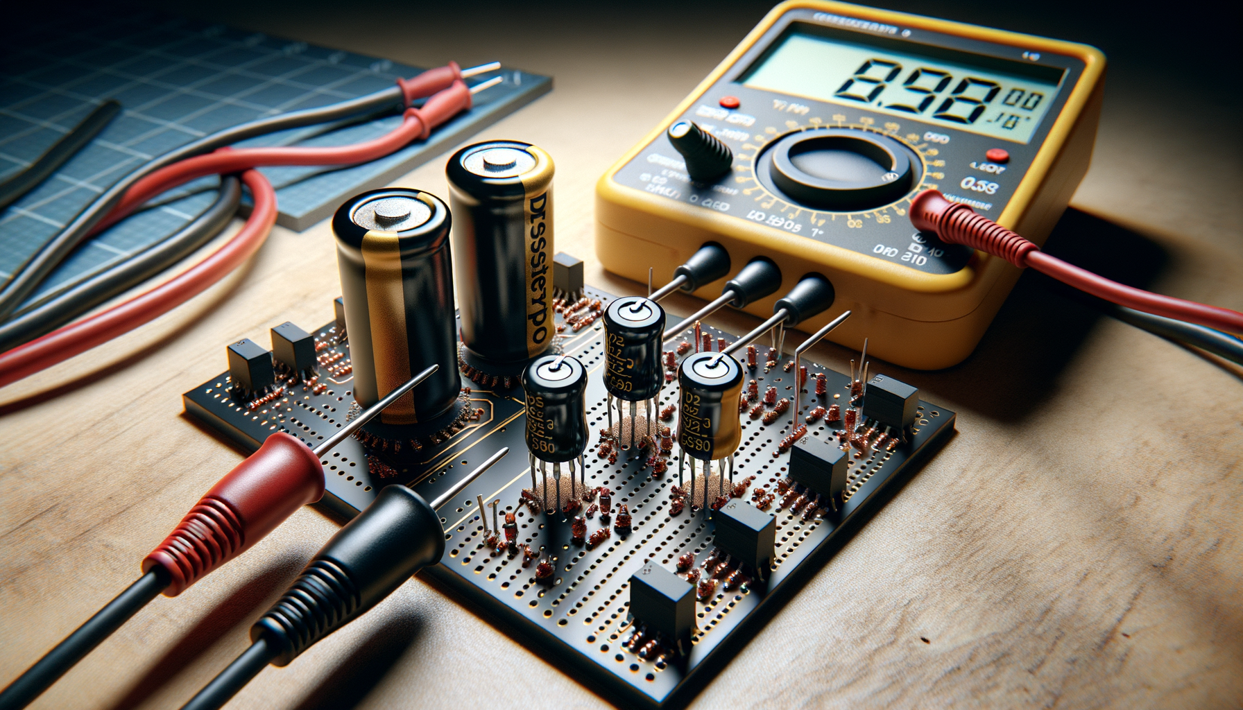 A close-up of fast-recovery diodes soldered onto a perfboard, with a large electrolytic capacitor and banana-plug test leads connected to a multimeter showing a voltage reading.