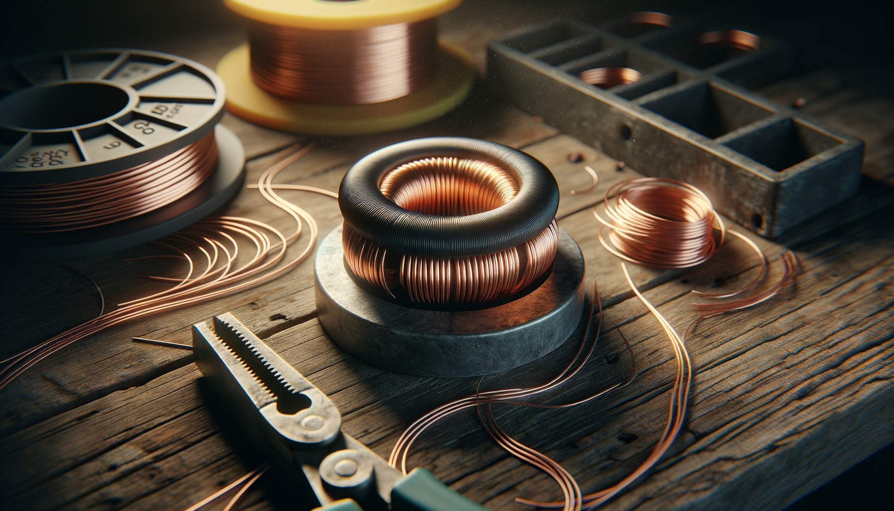 A hand-wound bifilar coil on a dark ferrite toroid, sitting on a wooden workbench next to a spool of magnet wire and a pair of wire strippers.