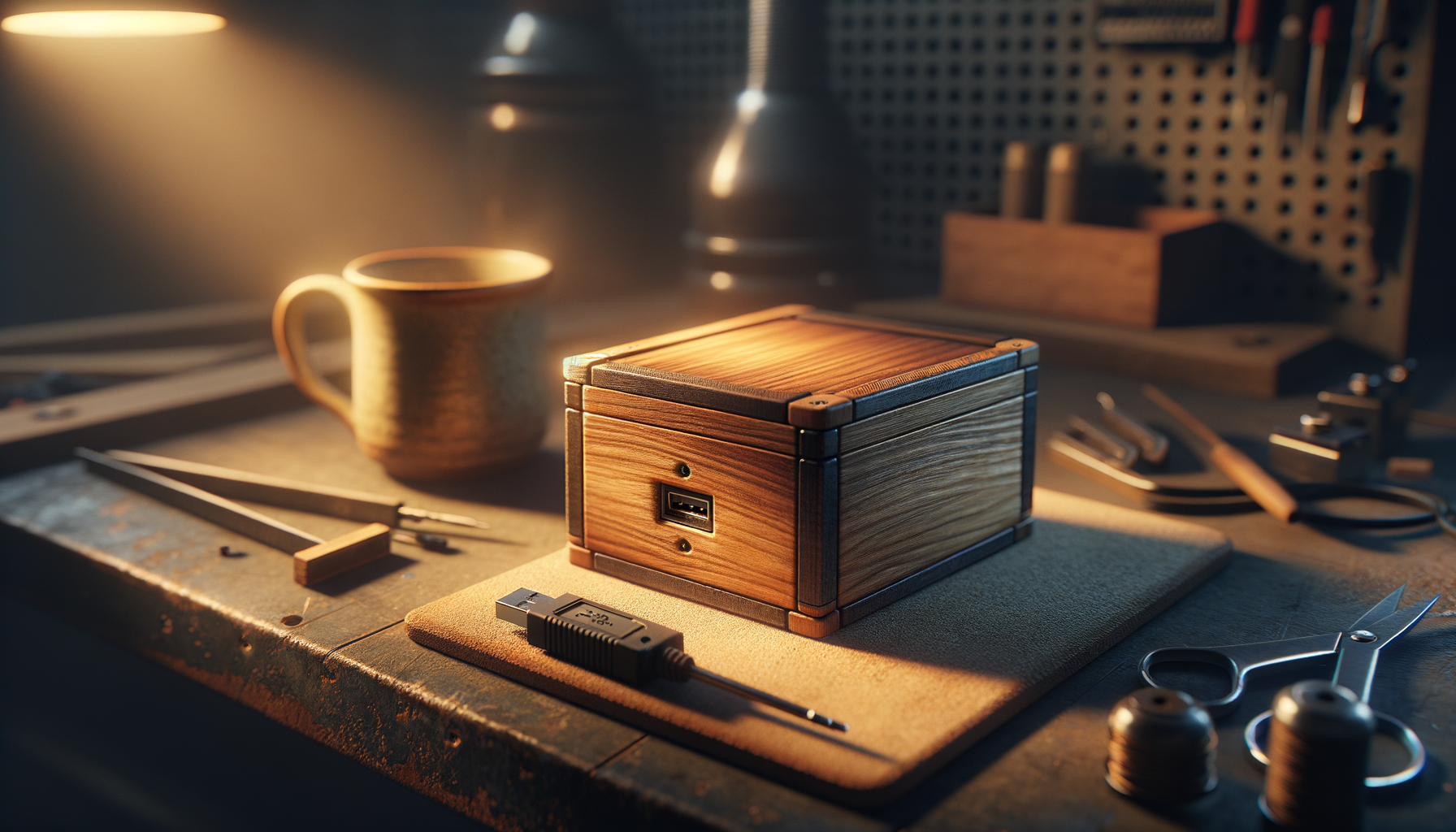A small wooden box with a hinged lid, slightly ajar, with a soft amber glow emanating from inside. A USB port on the side. It sits on a garage workbench next to a coffee mug.