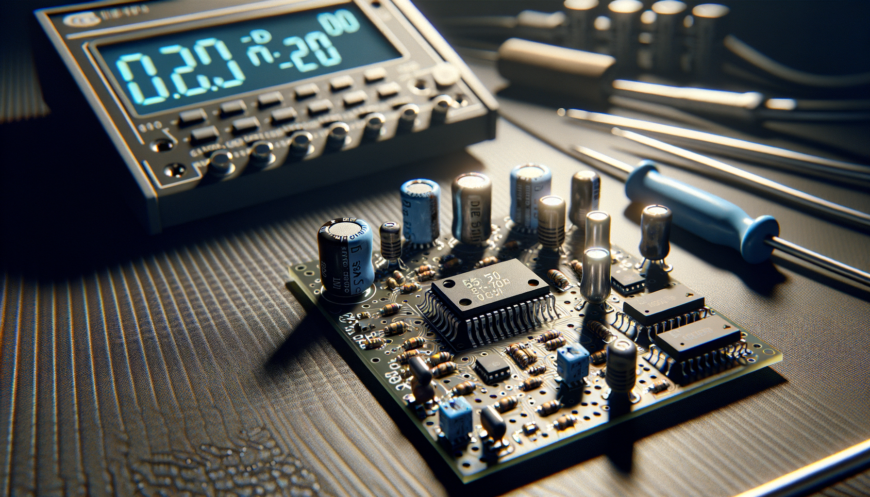 A small PCB with a 555 timer IC, a MOSFET, and a handful of resistors and capacitors. Solder flux residue on the board. A function generator sits behind it.